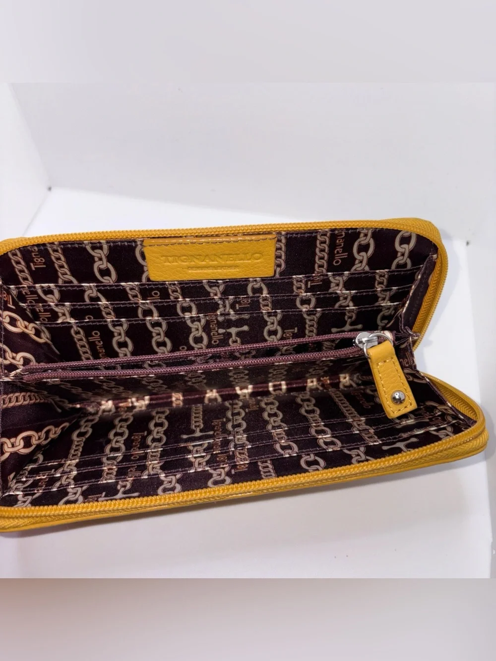 TIGNANELLO Leather Wallet Mustard Yellow Zip Around Multi Slot Clutch Pockets